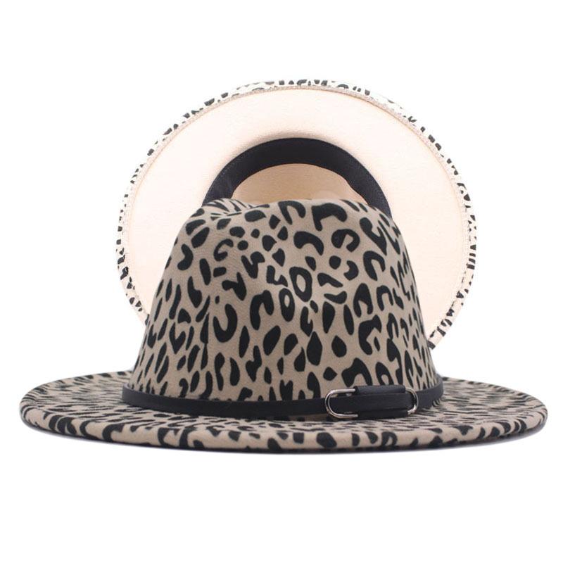 Autumn and winter British style men and women double-sided color matching leopard print woolen jazz hat new fashion belt big eaves hat