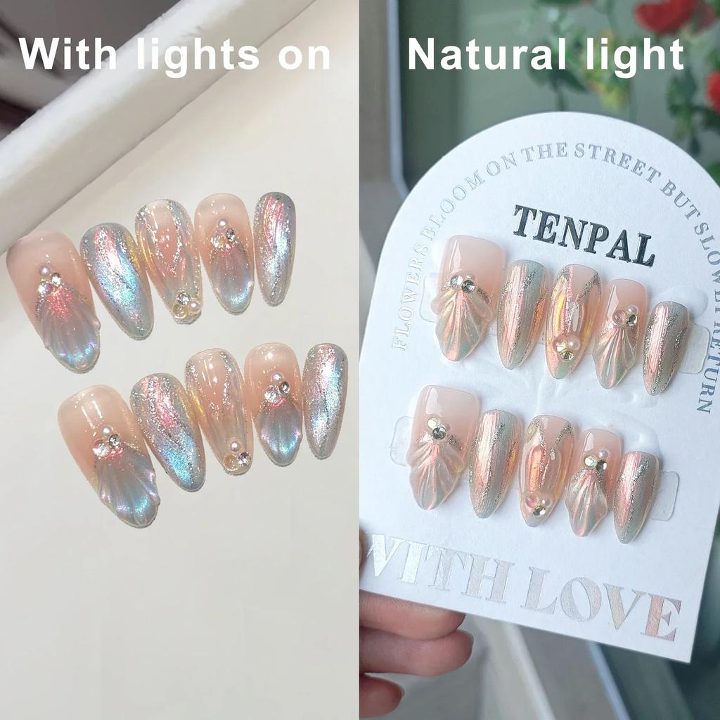 10Pcs Glitter Handmade Press On Nails Full Cover Cat Eye Colorful Design Almond Fake Nail Artificial Manicure Wearable Nail Tips