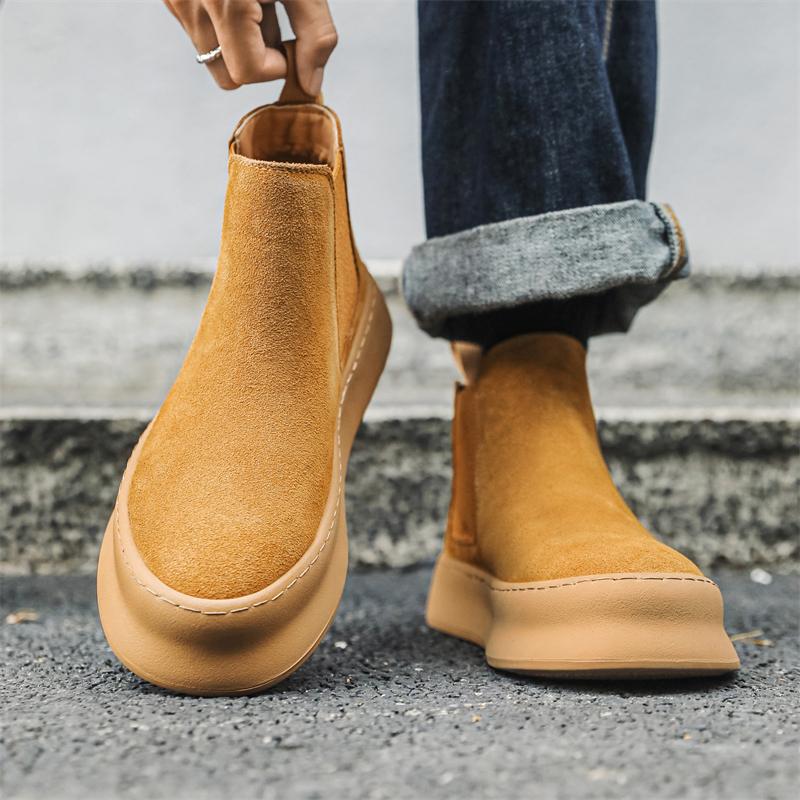 Podzimní módní značka Pánské boty z pravé kůže středního střihu pro teenagery, Módní protiskluzové a oděruvzdorné boty Chelsea