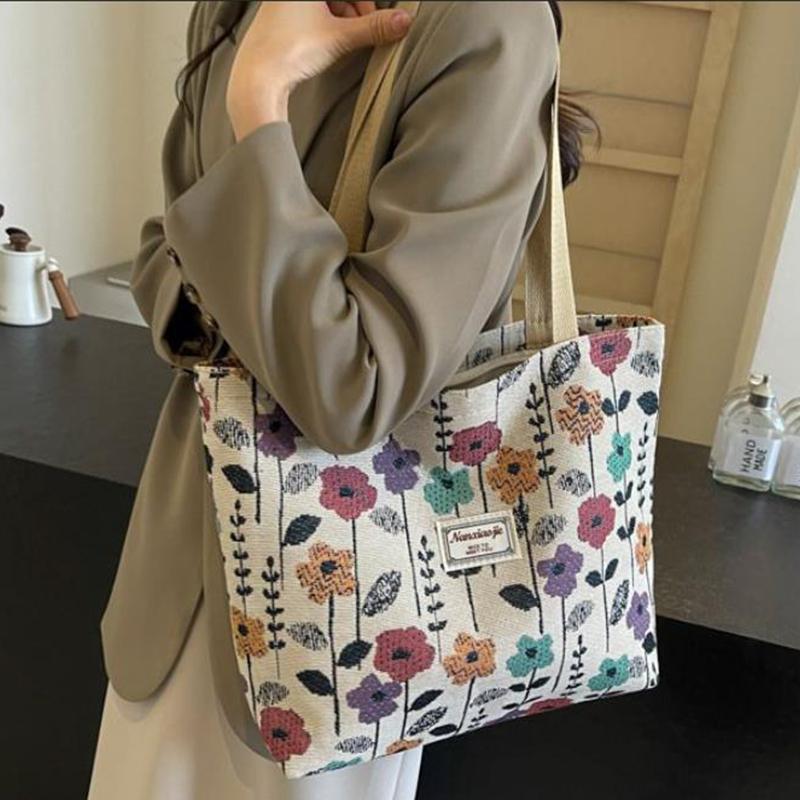 Flower Printed Large Capacity Reusable Shoulder Bag Versatile Student Commuting Handbags