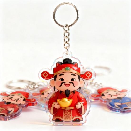 Keychain Pendant God of Wealth Charm Acrylic Double-Sided Clear National Keychain Lucky Yuanbao Decoration