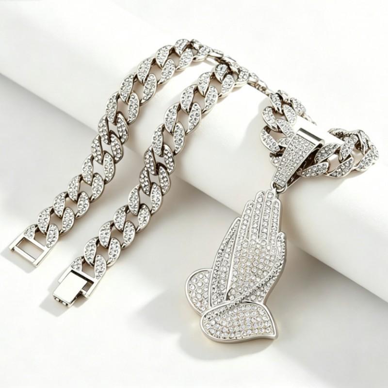 Hip Hop Alloy Full Rhinestone Prayer Hand Pendant Cuban Chain Necklace Men Women Trendy Streetwear Jewelry