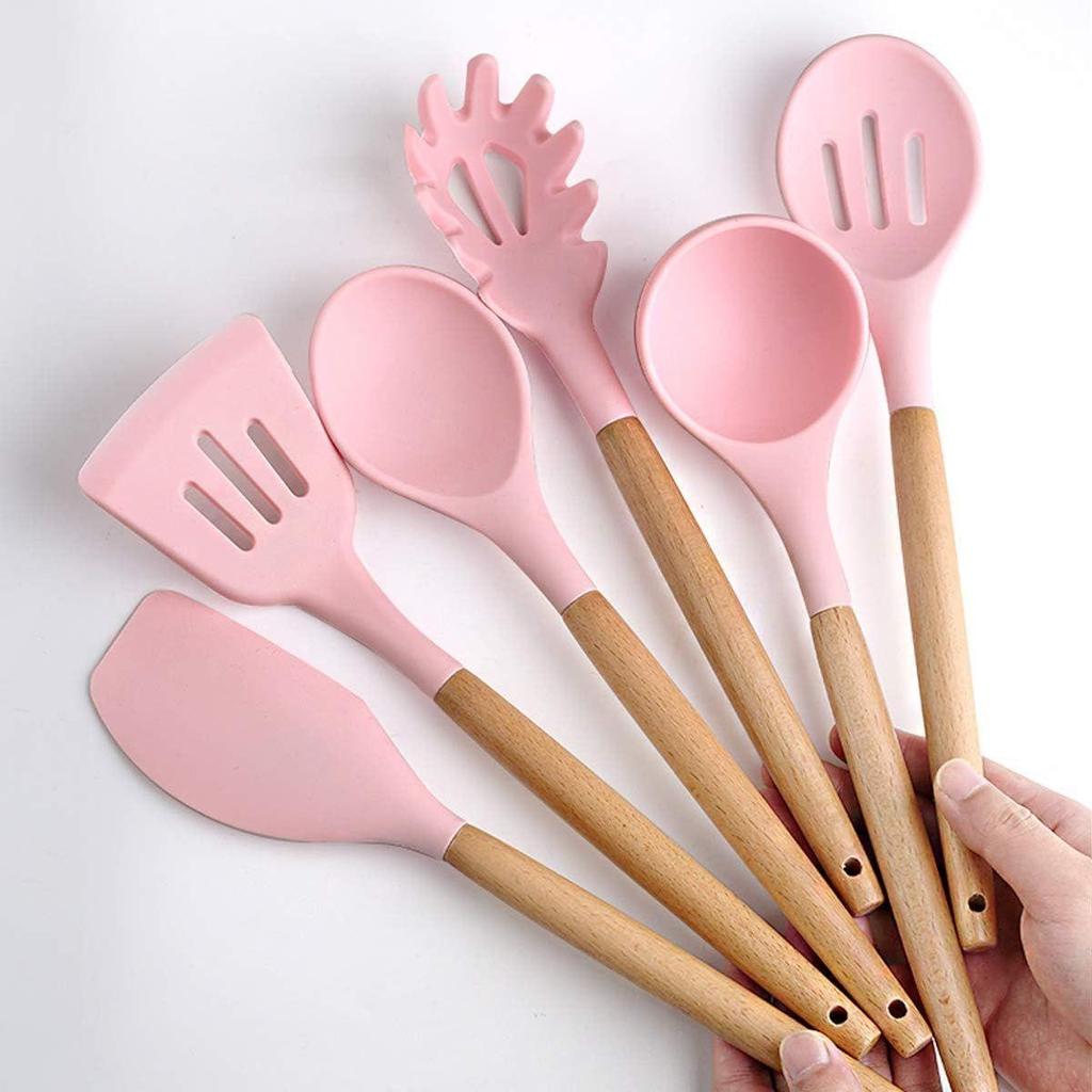 Silicone Cooking Utensils Kitchen Utensil Set, 12 PCS Wooden Handle Nontoxic BPA Free Silicone Spoon Spatula Turner Tongs Kitchen Gadgets Utensil Set