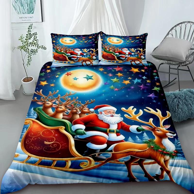 Cartoon Santa Claus Duvet Cover Elk Christmas Bedding Set With Zipper 1 Duvet Cover 2 Pillow Case Queen King Bedroom Decor