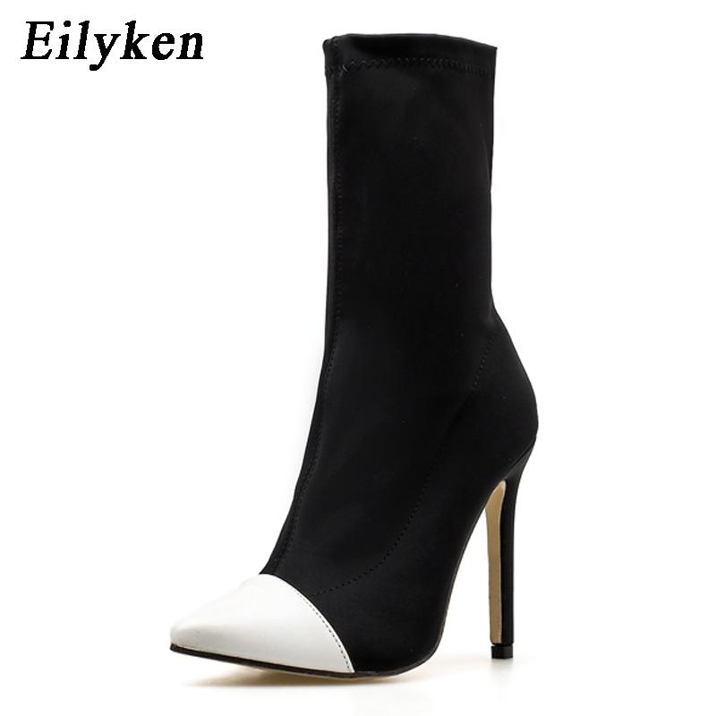 Fashion Eilyken Spring Autumn Stretch Fabric Short Ankle Boots Women Pointed Toe High Heels Slip On Sexy Sock Zapatillas Mujer
