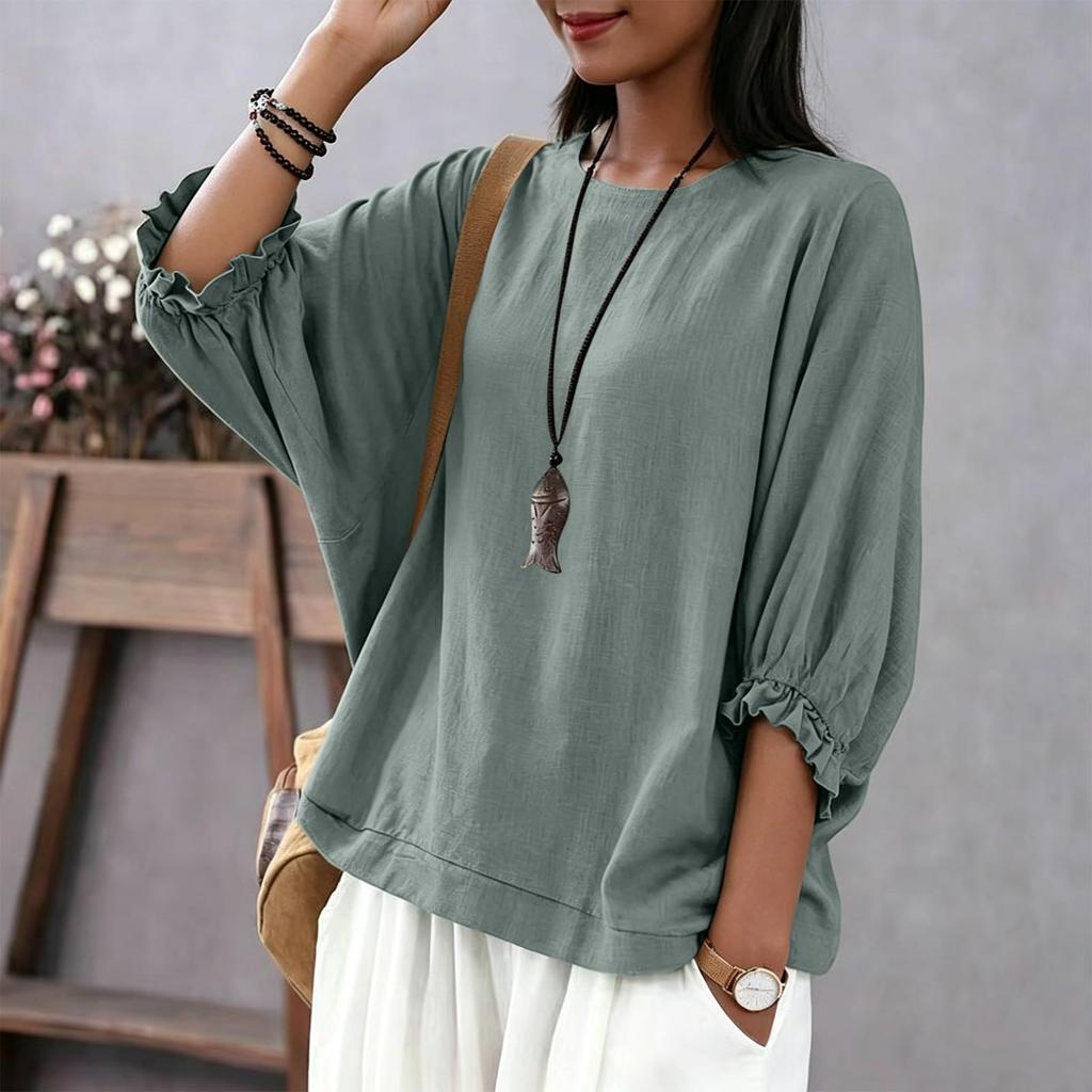 Damen Freizeit Bluse Lockere Passform Laternenärmel Rundhalsausschnitt Oberteil Leichter Bequemer Stoff Stilvolles Design für den Alltag