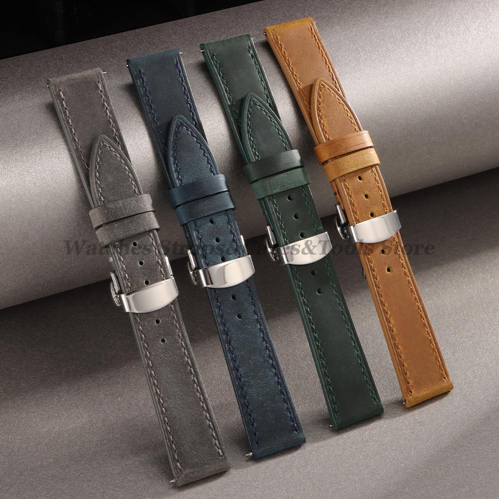 Crazy Horse Leather Watch Strap 18mm 19mm 20mm 21mm 22mm 24mm Butterfly Buckle Stitching Cowhide Strap for Seiko for Omega Belts