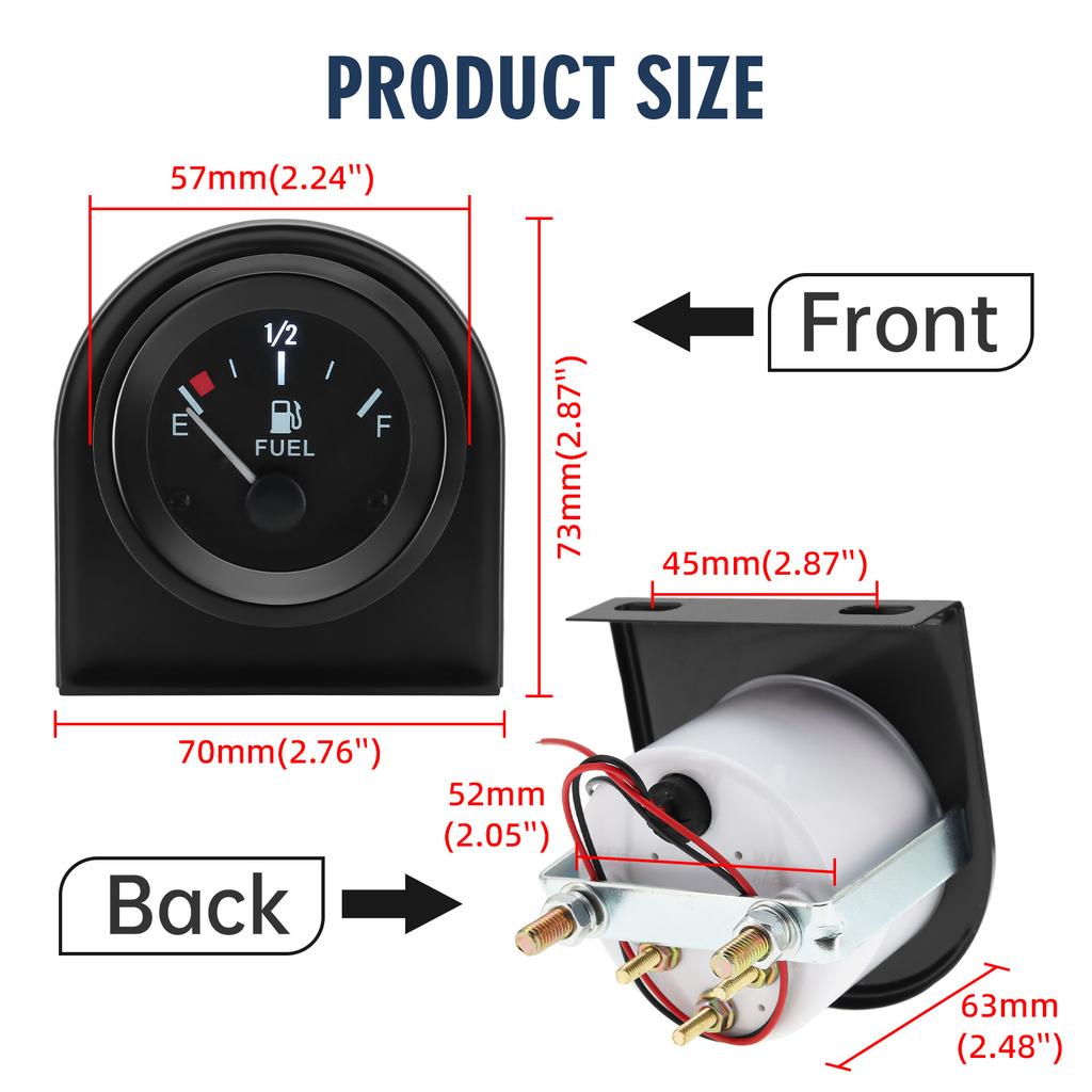 52mm Fuel Level Gauge  240-33ohm Car Meter Fuel Float Sensor Fit 5in-27in Tank Height White LED Light Black Rim Automotive Gauge