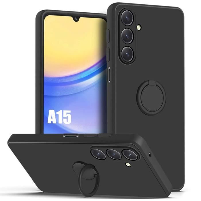 Silicone Case - Booling - for Samsung Galaxy A15 - Shockproof Protection - Rotating Stand Ring - Black