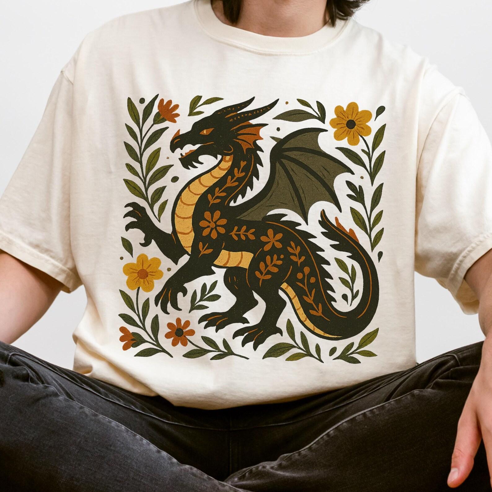 Folk Art Dragon Shirt Mythical Creature Graphic Tee Fantasy T-Shirt S
