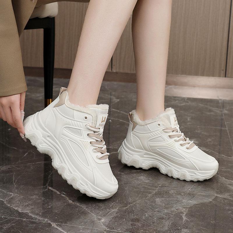 Winter New Velvet Thickened Large Size Cotton Shoes Versatile Thick Sole Heightening Dad Shoes Girls Running Sneakers