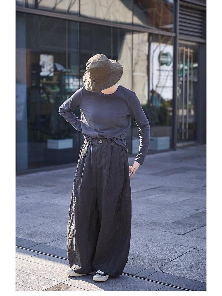 Spring/Summer Retro Smoky Gray Ultra-Thin Stretch Long-Sleeve Round-Neck Knit T-Shirt