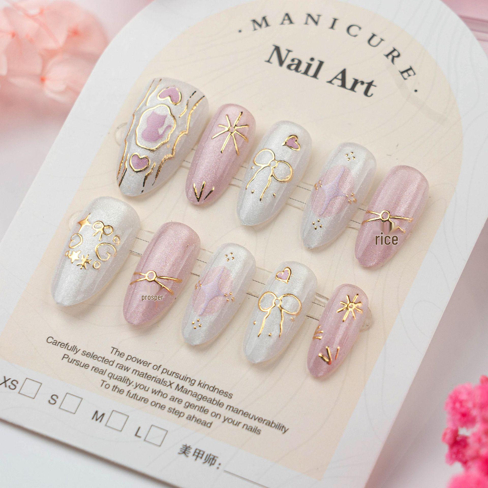30pcs Sakura Pink Cat Eye Wearable Nails with Gold Foil & Heart Bow Almond Tips Pre-made Strips (3 pairs, full diamond)