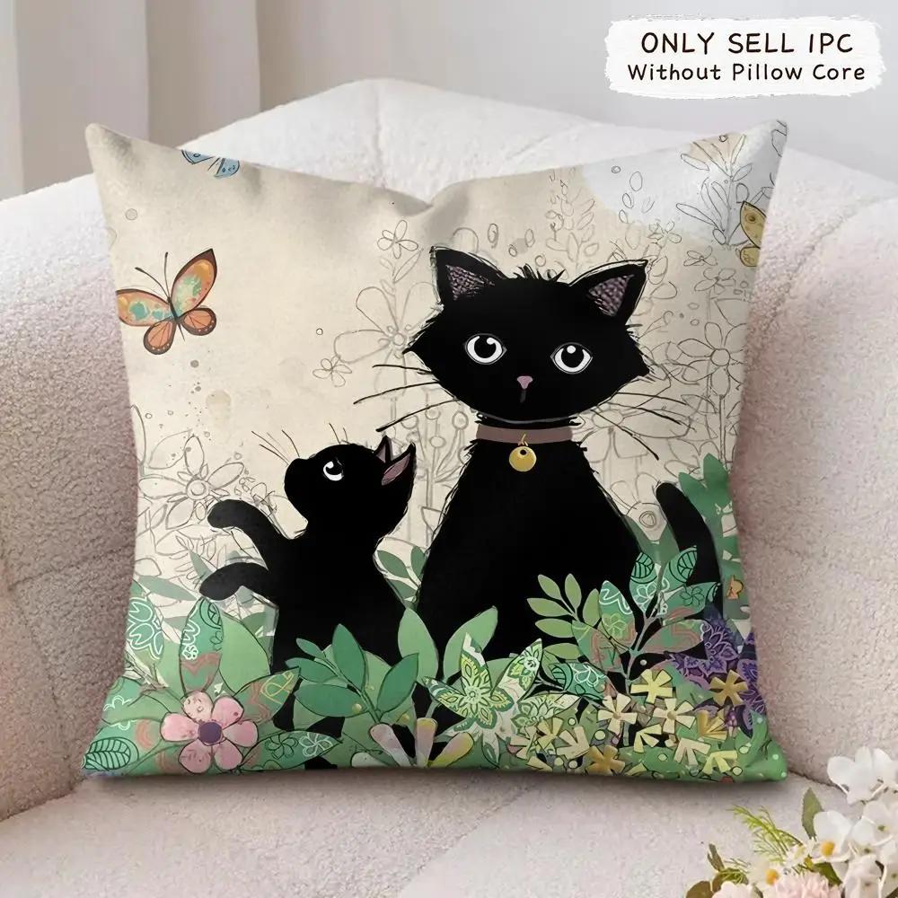 Cartoon Little Black Cat Cushion Cover Silky Short Plush Invisible Zipper Dustproof Sofa Pillow Case For Home Decor