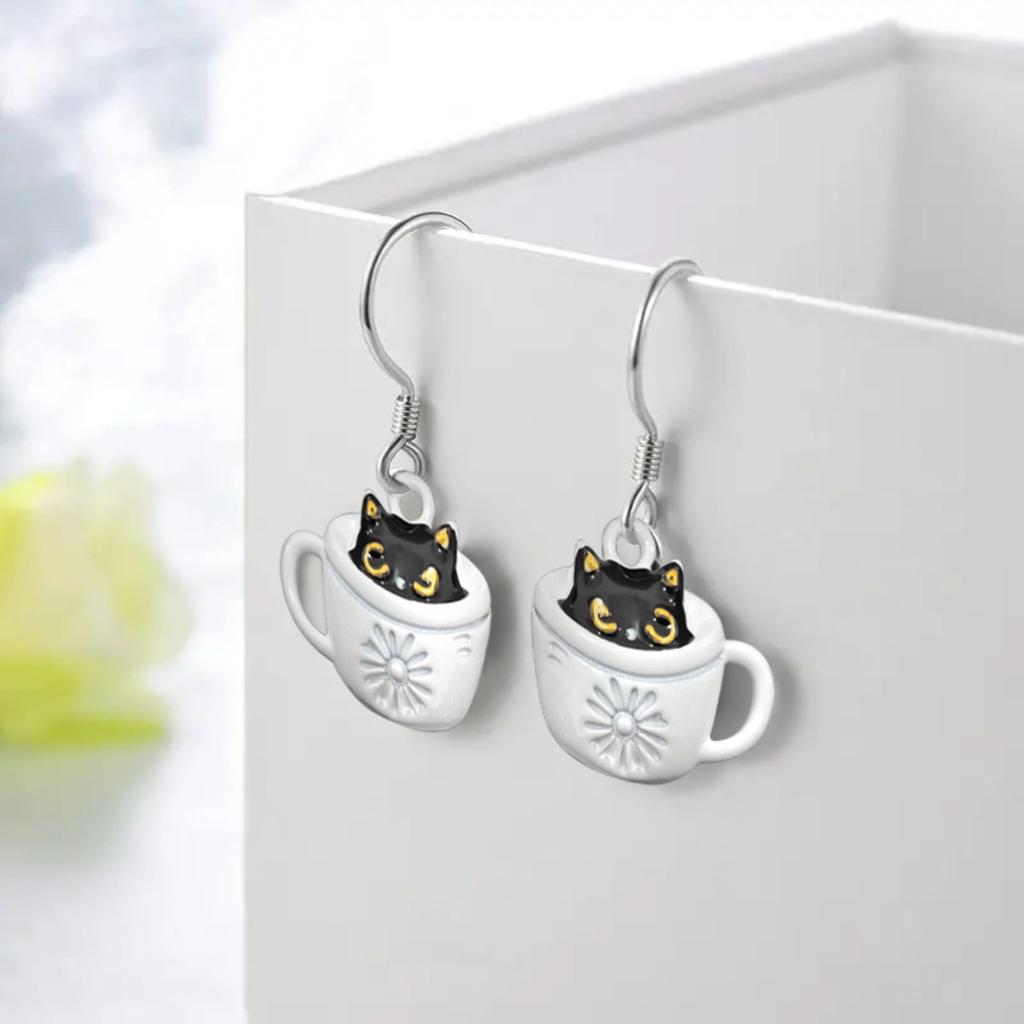 Cute Black Cat In Coffee Cup Drop Earrings for Women Sweet Enamel Cat Design Dangle Earrings Fashion Daily Jewelry