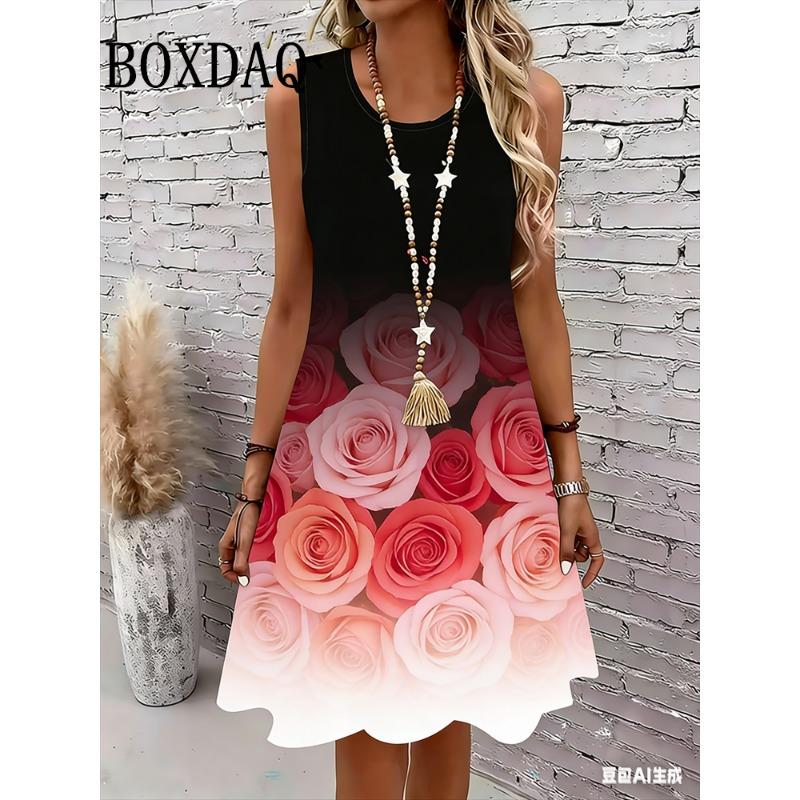 Women's Sleeveless A Line Dress Pink Floral 3D Print Dresses Summer Woman Clothing Sundress Casual Plus Size Ladies Beach Dress