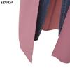 VONDA Plus Size Women Casual Loose V Neck Long Sleeve High Split Irregular Long Blouse Tops