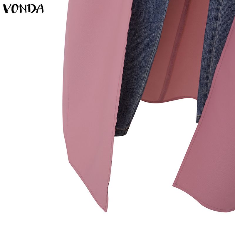 VONDA Plus Size Women Casual Loose V Neck Long Sleeve High Split Irregular Long Blouse Tops