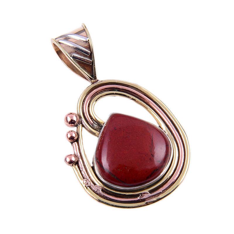 Natural Red Jasper Gemstone 925 Solid Sterling Silver TwoTone Pendant 1.50" W1W82