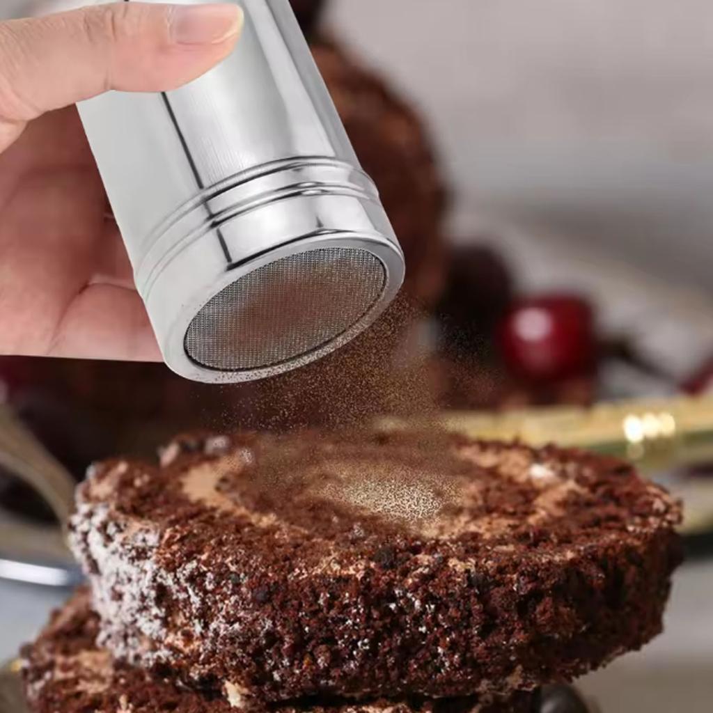 1 Stück-Edelstahl Schokoladenstreuer Kakao Mehl Kaffee Sieb Kaffee Schablonen Vorlage Streupad Puderzerstäuber Café Zubehör