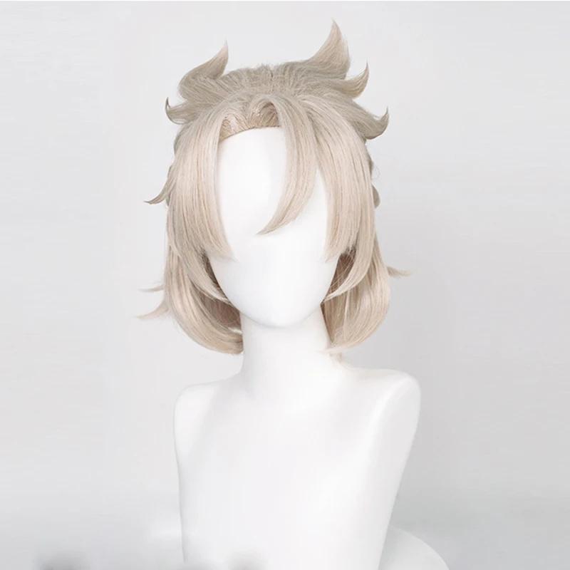 Genshin Impact Albedo Cosplay Wig Cosplay 35cm Short Linen Heat Resistant Synthetic Hair Halloween Anime Cosplay Wigs + Wig Cap