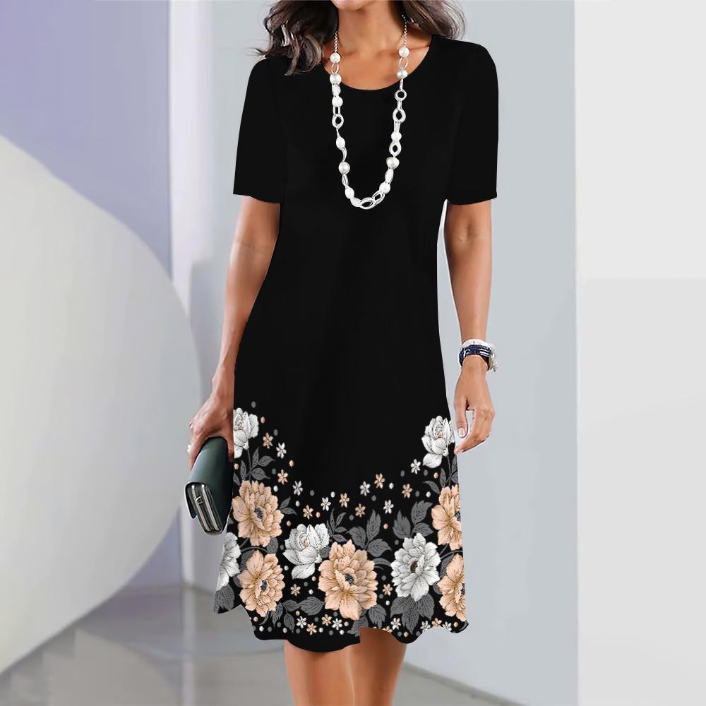 Sommerkleider mit kurzen Ärmeln, edles Damenkleid, lockerer A-Linienrock, Farbkonflikt-Druck, Damenkleidung, lässiger Pullover mit rundem Kragen