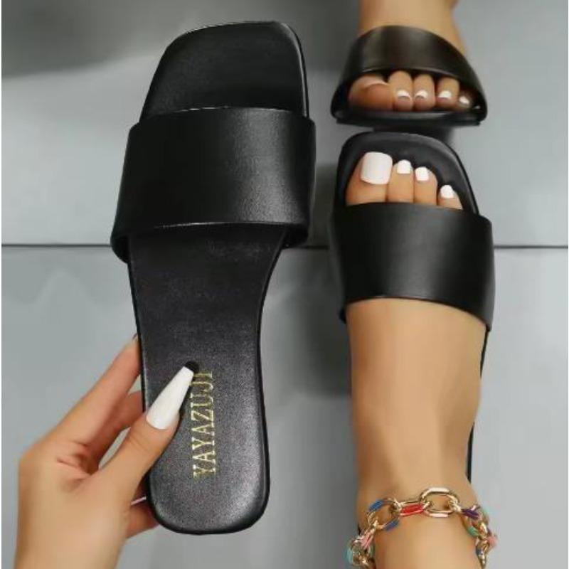 Fashion Single Slide Sandals Solid Color Women Slippers Summer Outdoor Sandy Beach Open Toe Flat Shoes