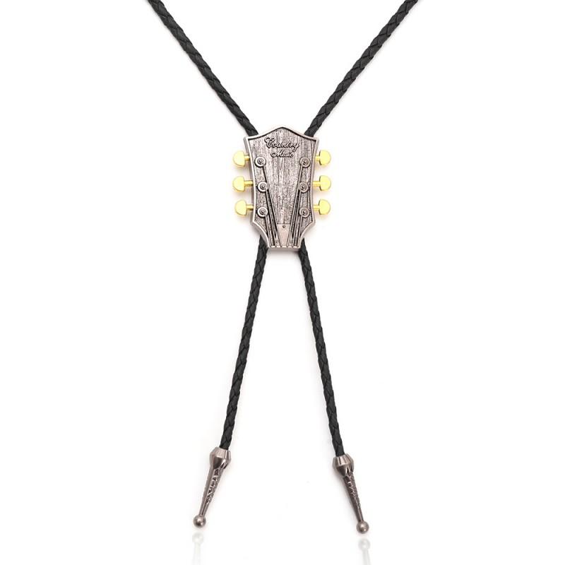 Handmade Retro Guitar Head Bolo Tie Necklace Men Women Western Cowboy Style Leather Chain Pendant Jewelry