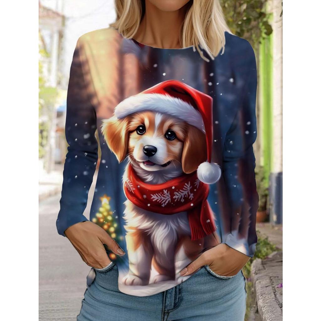 Weihnachten Damen Langarm T-Shirt Lässig Mode Weihnachten Niedliche Katze&Hund Feiertagsgeschenke Oberteile Harajuku Tier Damenbekleidung