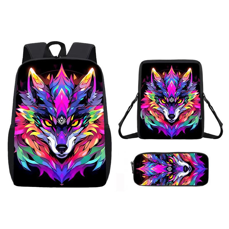 Pattern Animal Wolf Backpack Kids Shoulder Bag Pencil Case Student Use School