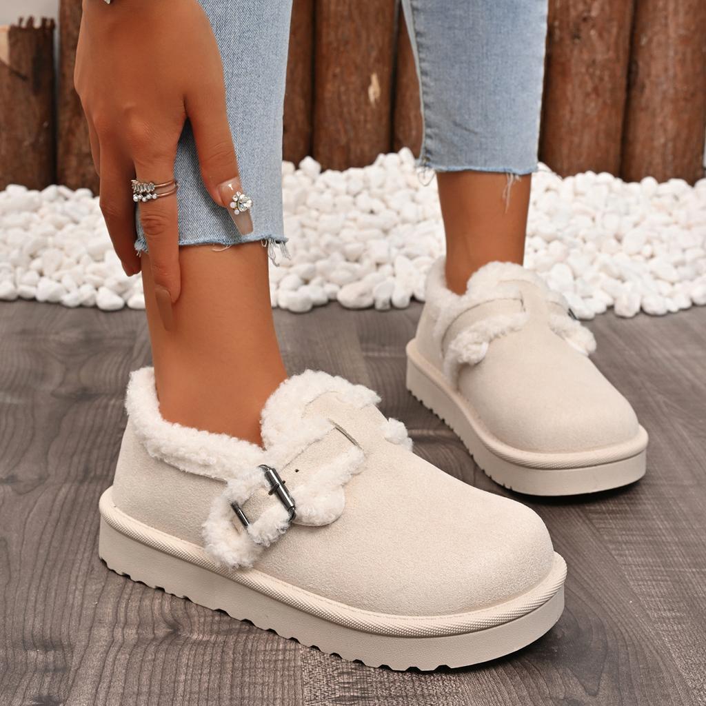 Fashion Women Boots 2025 New Fashion Faux Fur Shoes Women Thick Bottom Non Slip Ankle Boots Warm Metal Belt Buckle Snow Boots Women