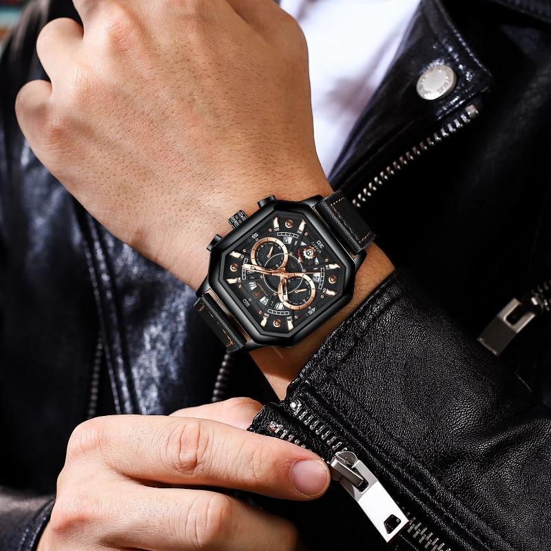 POEDAGAR Luxury Chronograph Square Man Watch Waterproof Luminous Date Men Watch Sports Leather Men's Watches Quartz