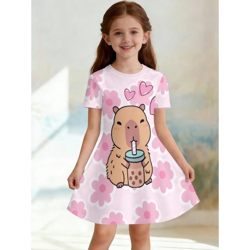 Mädchen 3D Rundhals A-Linien Kleid, gelb-braune Farbblockierung, durchgehend süßer Capybara-Aufdruck, perfekt für Partys und Geburtstagsgeschenke.