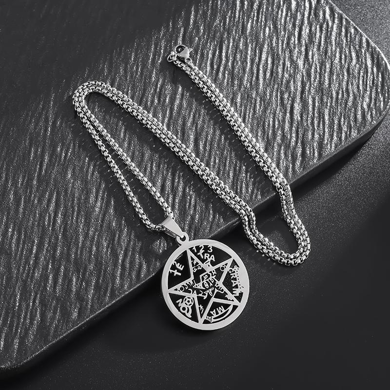 Jewish Four-Letter Hebrew Witchcraft Five-Pointed Star Stainless Steel Pendant Necklace Religious Amulet Jewelry for Men