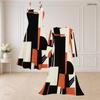 Women Plus Size Black White Orange Geometric Printed Two Piece Set Strappy Flared Dress Long Sleeve Open Front Cardigan