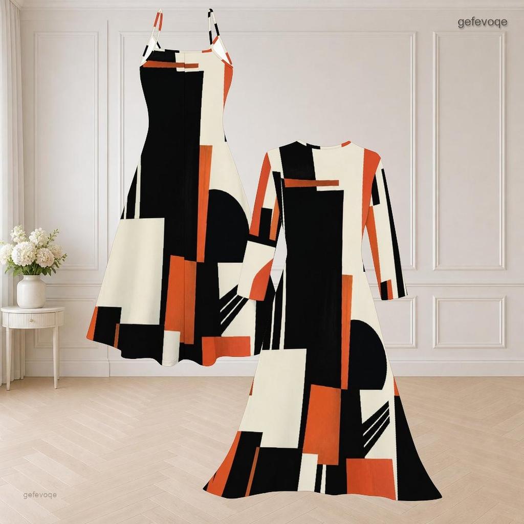Women Plus Size Black White Orange Geometric Printed Two Piece Set Strappy Flared Dress Long Sleeve Open Front Cardigan