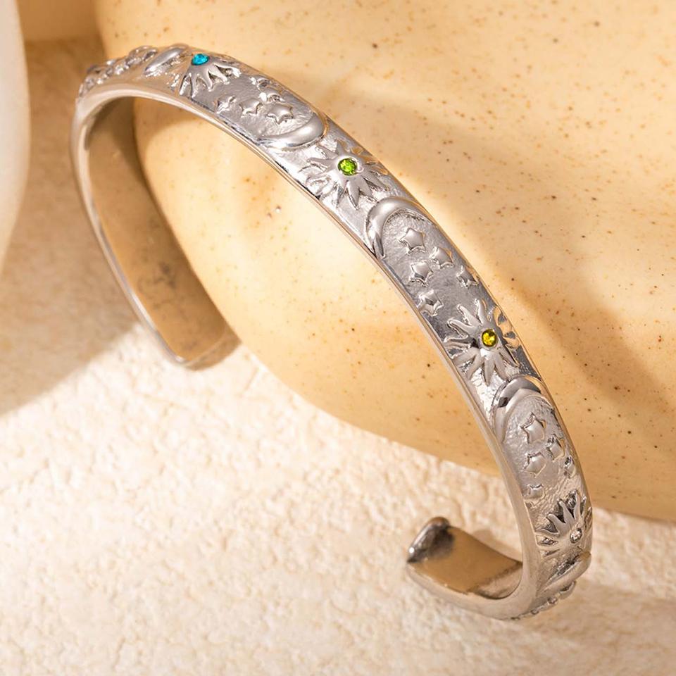 

ZAKOL Stainless Steel Moon Star Sun Bangle Bracelet Gold Sliver Open Wrist Vintage Fashion Party Zircon Gift for Women