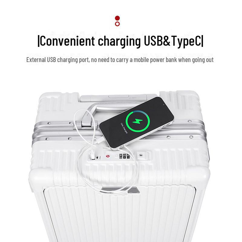 18-Inch Multifunctional Front-Opening Aluminum Frame Suitcase with Charging Capability for Women
