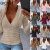 Women's Fashion Casual Solid Color Print Long Sleeve V Neck Blouses & Shirts