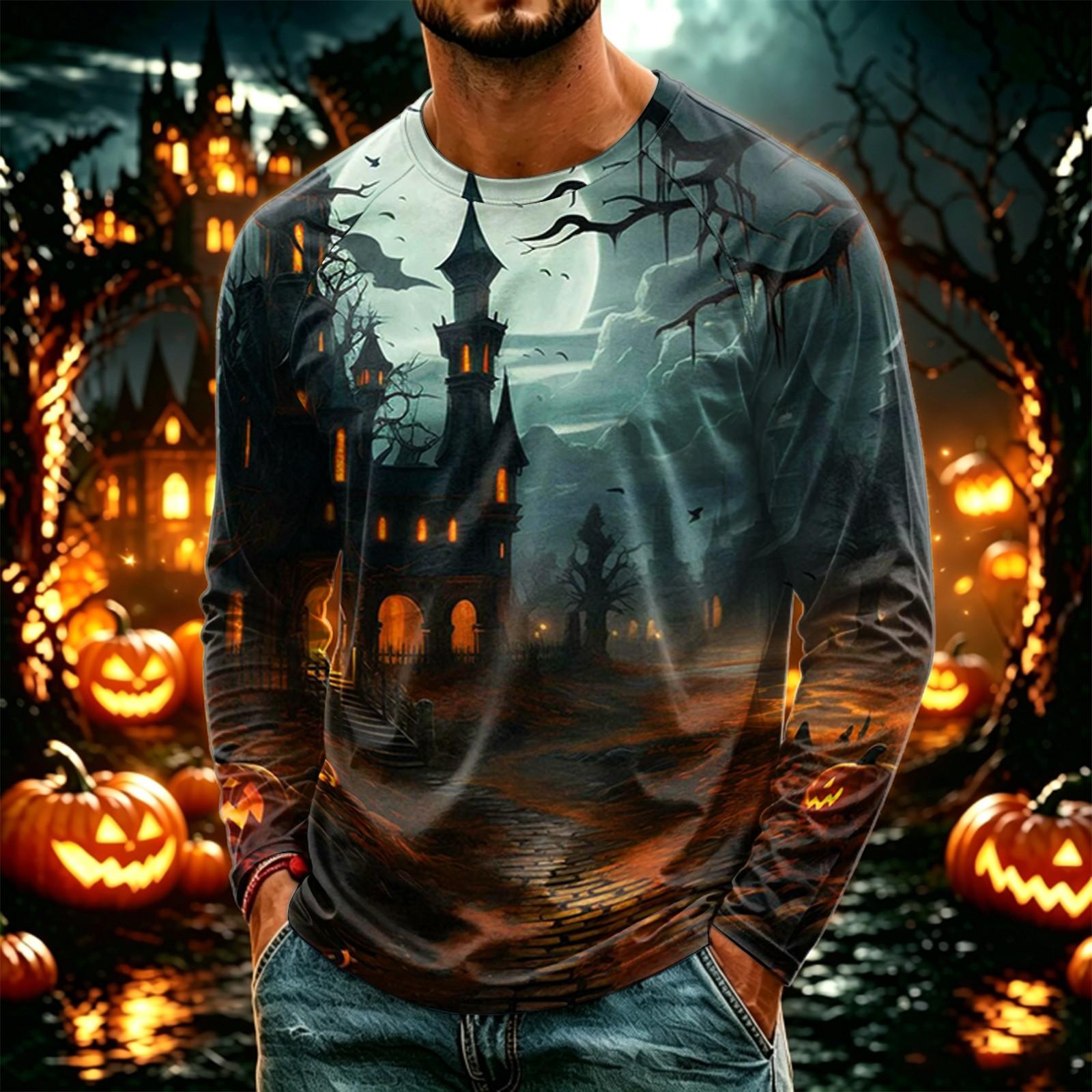 Men s Halloween Printed Long Sleeve T-Shirt, Lightweight Casual Crewneck Top L