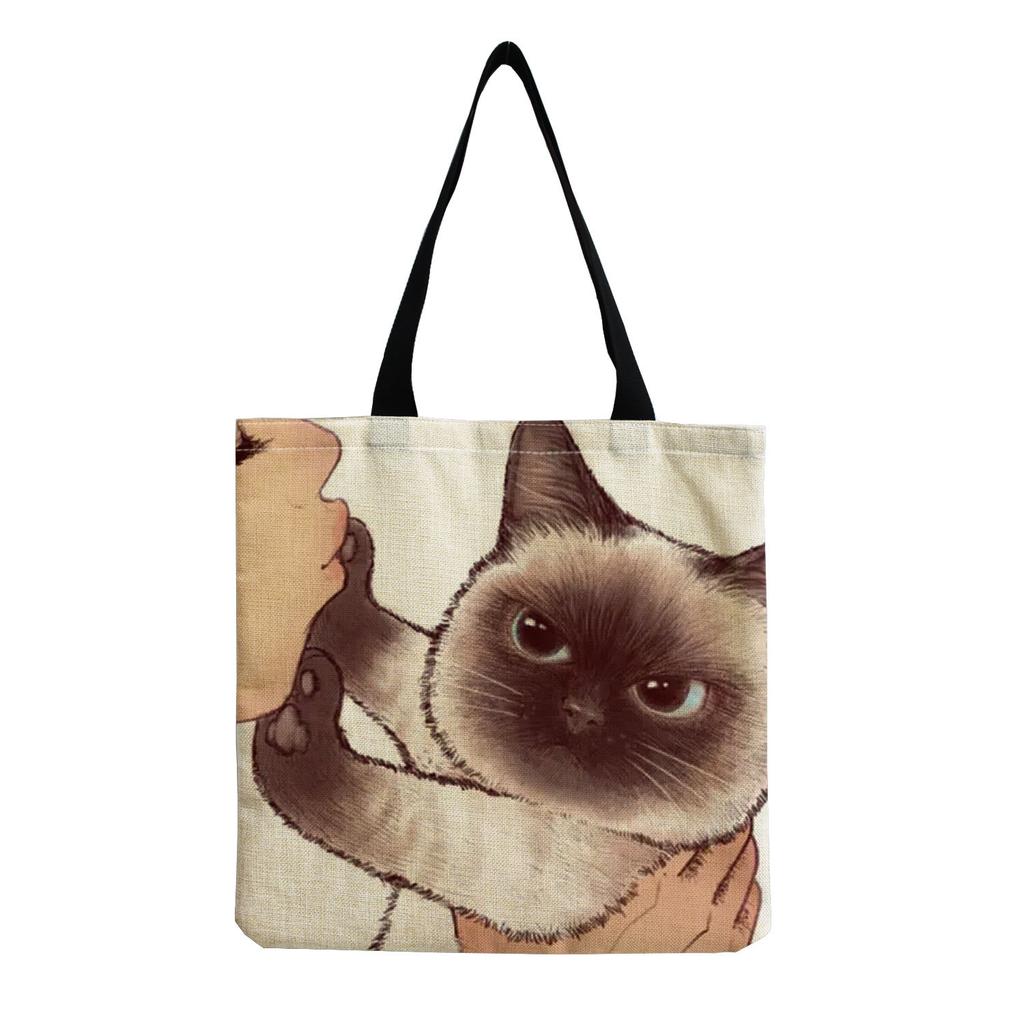 Damen Vintage Leinen-Tragetasche - Große Kapazität Katzen-Print Schulter-Handtasche für Freizeit & Lebensmitteleinkauf KTB