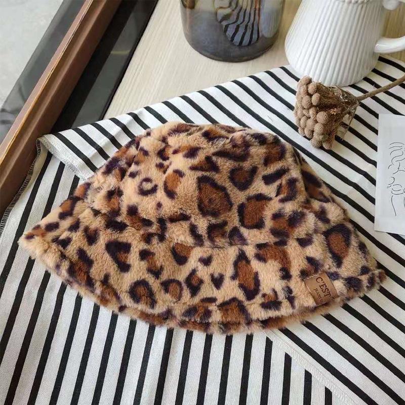 Hat female autumn and winter sweet and cute imitation fur barrel leopard print plush fisherman warm thickened basin hat tide