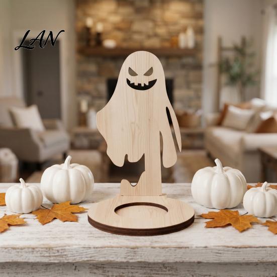 Small Tealight Display Halloween Wooden Candle Holder, Silhouette Ghost/Bat/Scarecrow/Bat Ghost Decor Holder for Home Table Fireplace Black Cat Base
