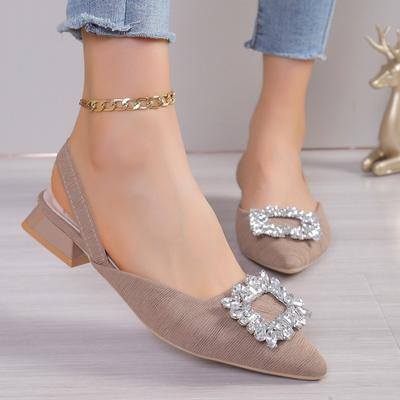 Neue Sandalen mit niedrigem Absatz Klare Schuhe Damen Strass Bequem Mittelhoch Spitz Frühling Mode Mädchen Arbeit Kleiderschuhe