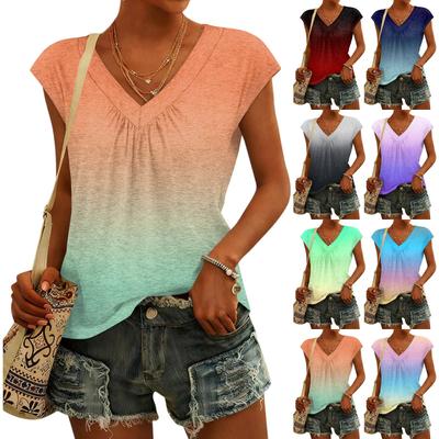 Top de moda para mujer con cuello en V, estampado degradado, manga corta