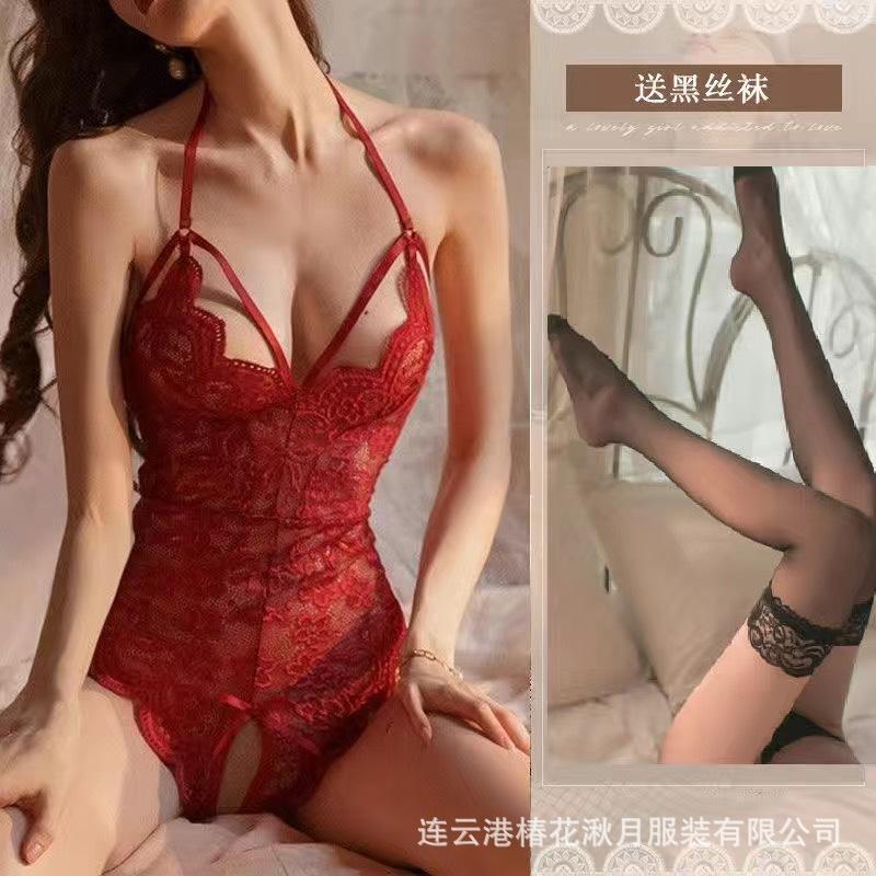 Sexy Female Sexy Backless Perspective Tight Lace Onesie Open Crotch Free of Temptation A99