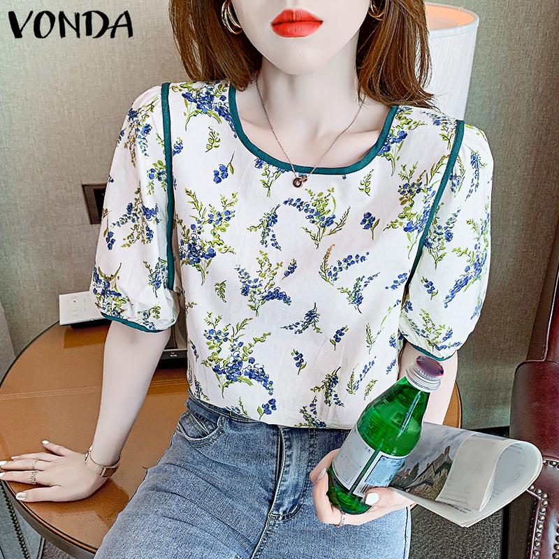 

VONDA Летние женские топы с круглым вырезом и цветочным принтом с пышными рукавами