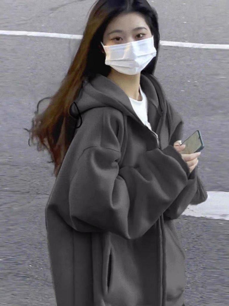 Damen Lammwolle Kapuzenpullover - Super Warm Koreanischer Stil, Locker geschnitten, Plus Samt, Frühling/Herbst Strickjacke