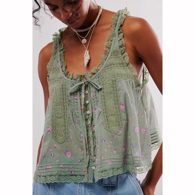 Lace Patchwork Sweet Slim Fit Small Camisole Vest Button Up Women's Summer