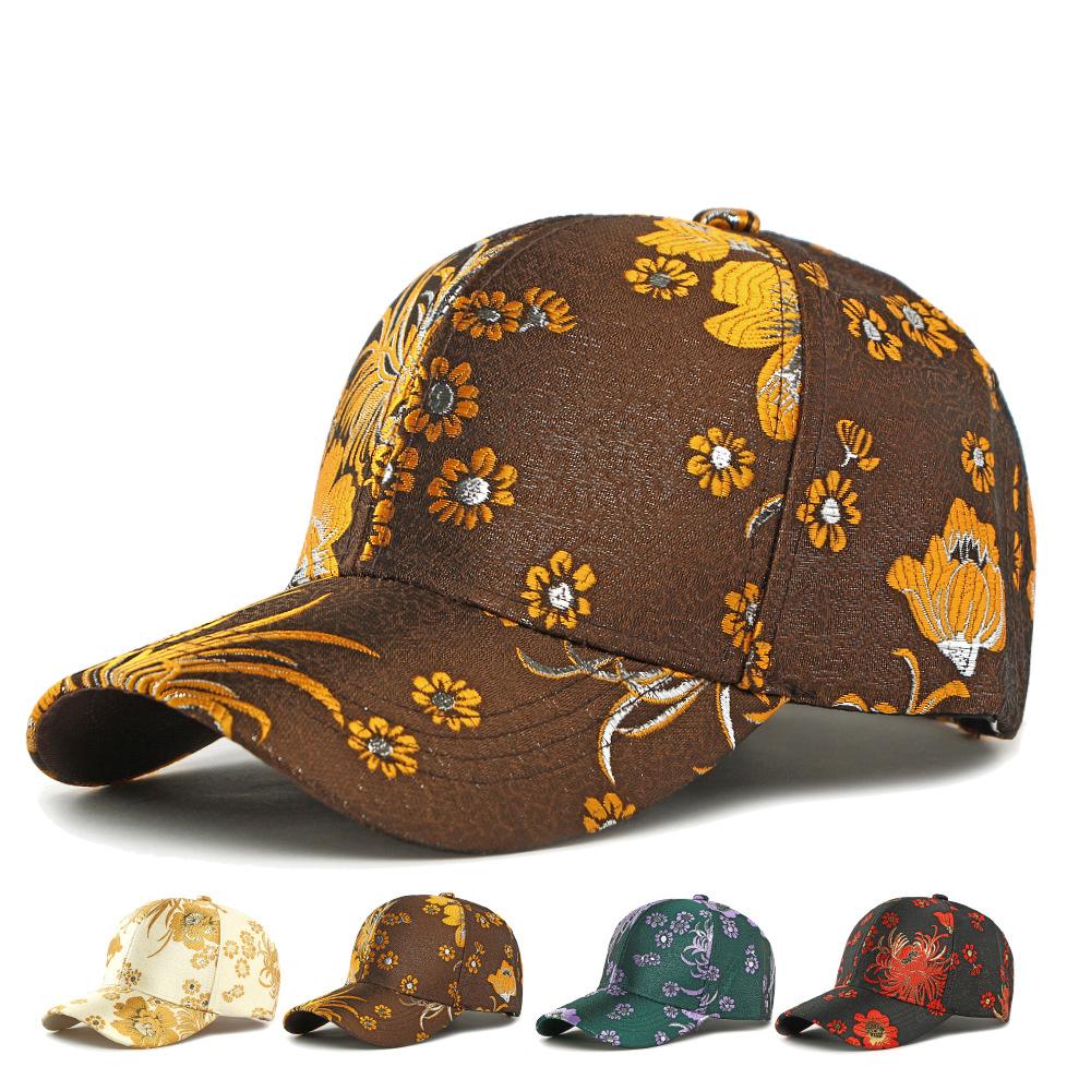 Hard Top Baseball Cap Women's Spring Autumn Sunscreen Hat Ethnic Style Flower Cap